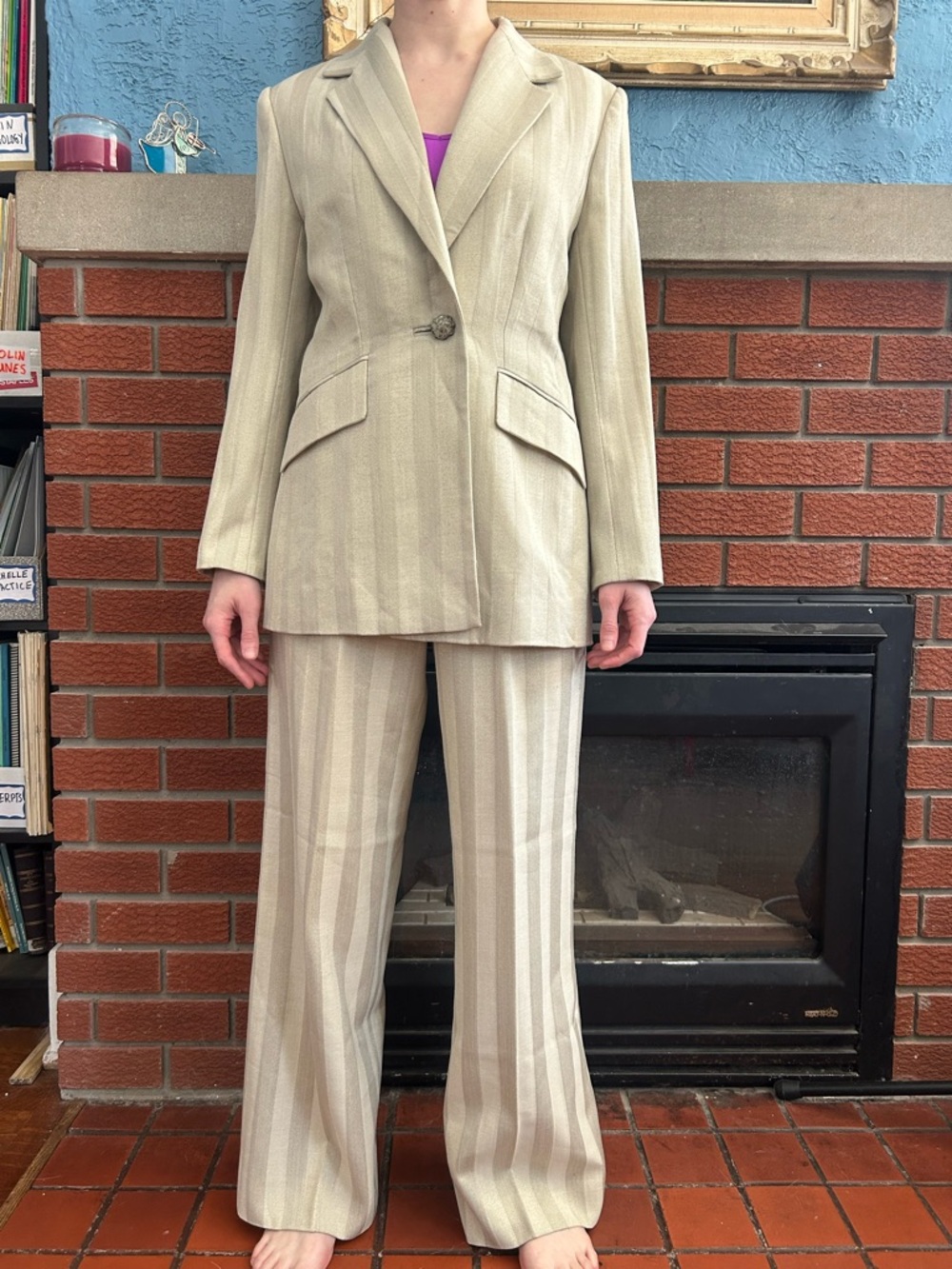 90s Designer Tan Stripe Power Suit Tomasz Starzewski